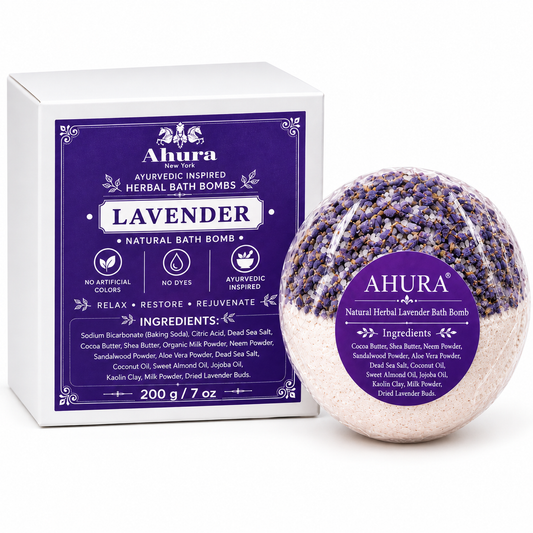 Ahura New York Ayurvedic Herbal Lavender Bath Bomb – 7 oz (200g) – Natural Bath Fizzy with Lavender Buds, Dead Sea Salt, Shea Butter, Cocoa Butter & Botanical Oils – Relaxing Spa Bath Gift for Women & Men