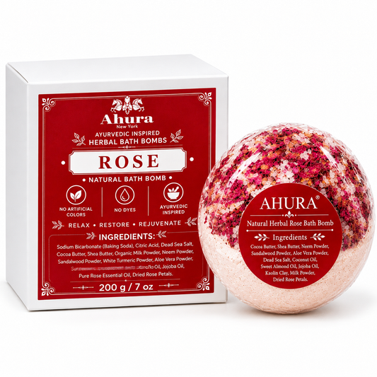 Ahura New York Ayurvedic Herbal Rose Bath Bomb – 7 oz (200g) – Natural Bath Fizzy with Rose Petals, Dead Sea Salt, Shea Butter, Cocoa Butter & Botanical Oils – Relaxing Spa Bath Gift for Women & Men