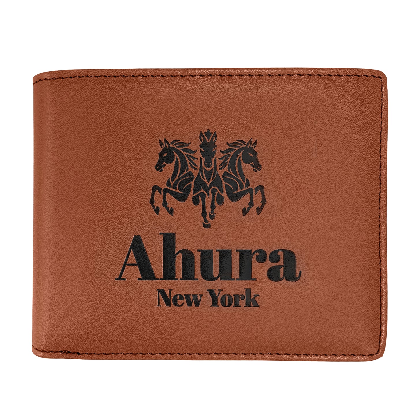 Brown leather wallet with 'Ahura New York' branding and horse design on a white background, Vegan Handmande Mens Wallet