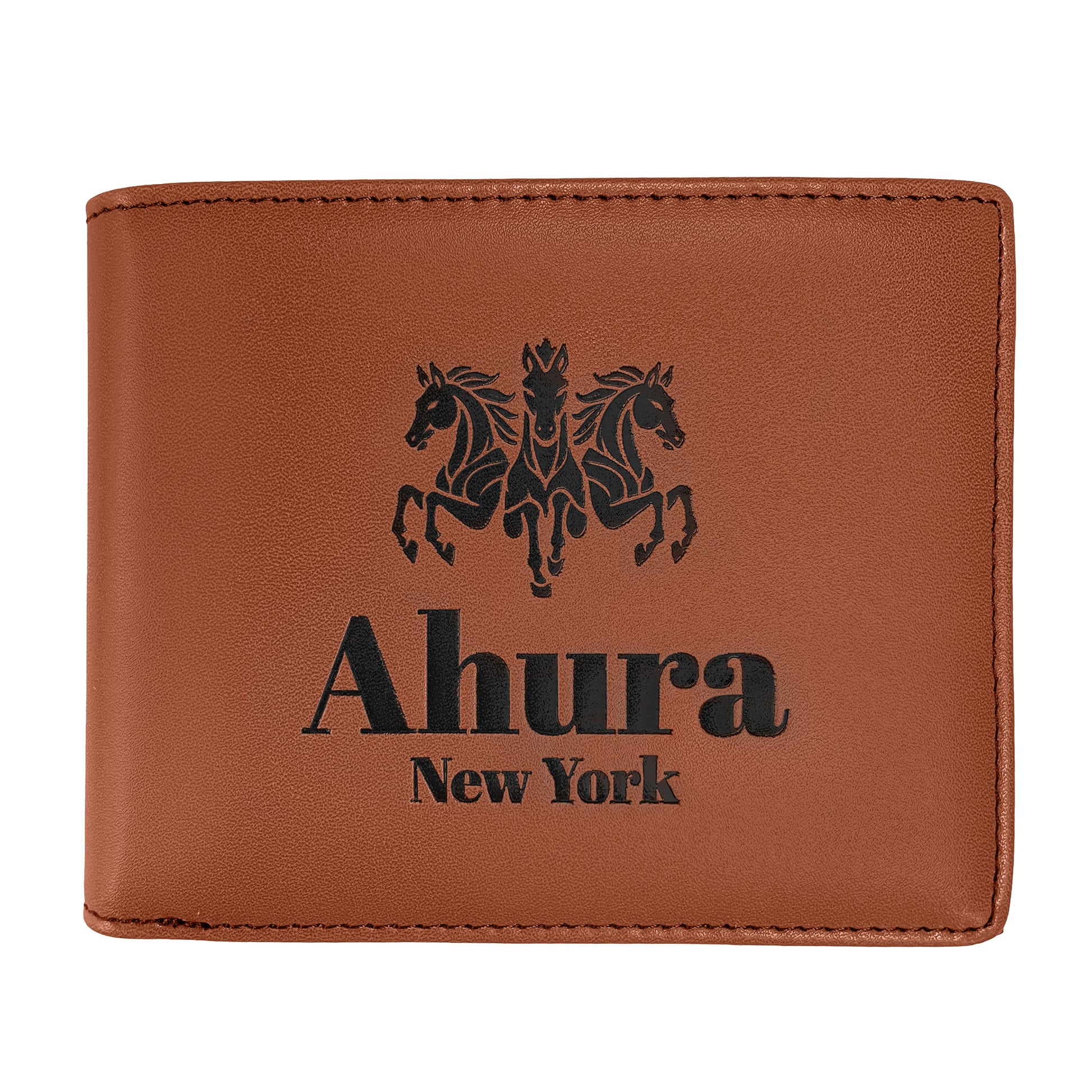 Brown leather wallet with 'Ahura New York' branding and horse design on a white background, Vegan Handmande Mens Wallet