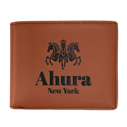 Brown leather wallet with 'Ahura New York' branding and horse design on a white background, Vegan Handmande Mens Wallet