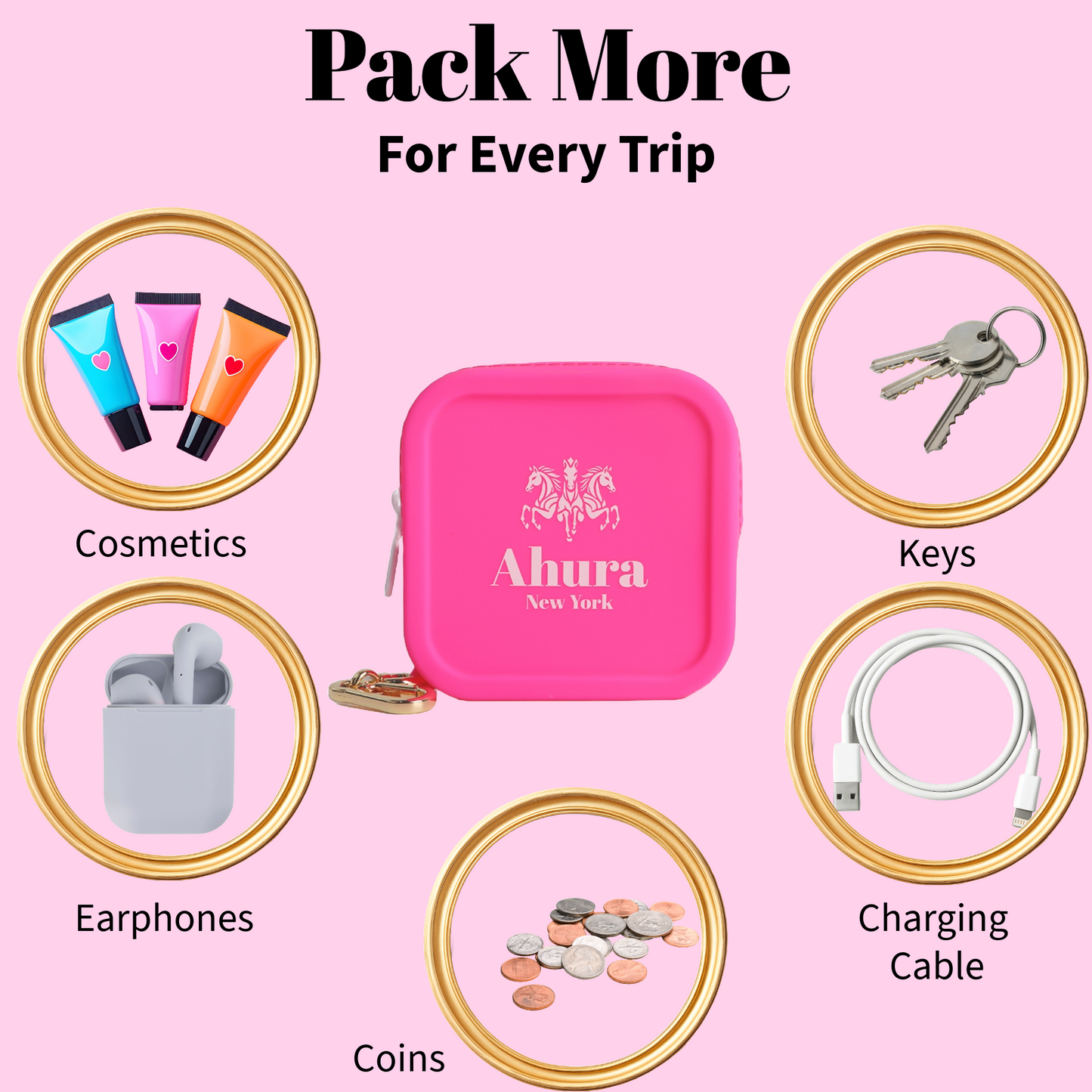Ahura Pink Silicone, Toiletry, Cosmetic, Travel, Gym Pouch
